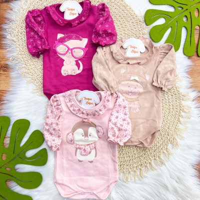 Kit 3 Peças - Bodys Manga Longa Gatinha, Cachorrinha e Pinguim - Bordo, Rosa e Areia